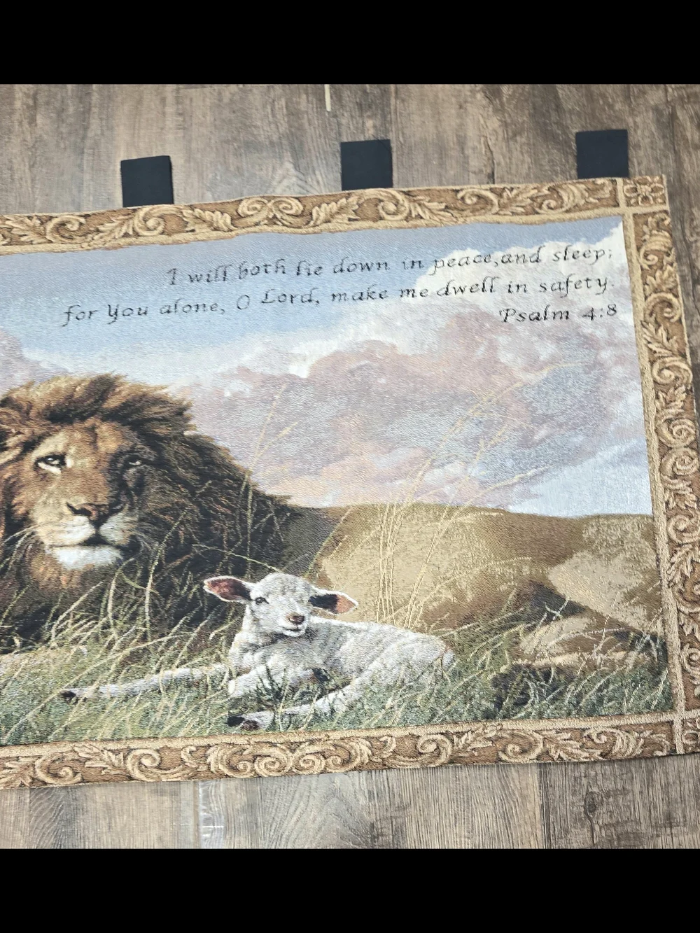 Lion & Lamb Tapestry Wall Hanging w/Black Tabs by Nancy Glazier 36” X 26”